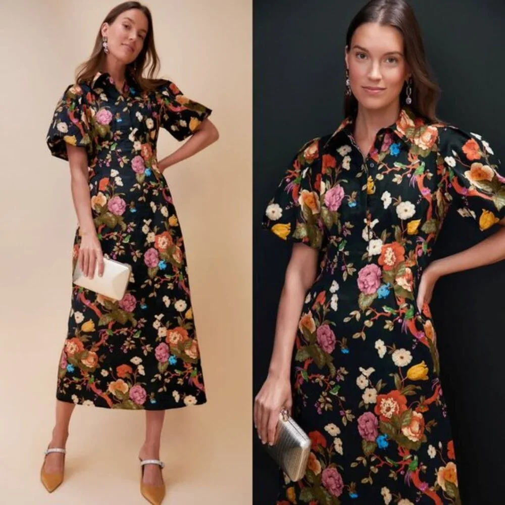 Tuckernuck | NEW Baroque Floral Delaney Short Puff Sleeve Maxi Dress Size S - Picture 1 of 11